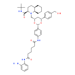ChemSpider 2D Image | N-(2-Aminophenyl)-N'-{4-[(2S,4R,6S)-4-[4-(hydroxymethyl)phenyl]-6-{[(2R,4aR,8aR)-2-[(2-methyl-2-propanyl)carbamoyl]octahydro-1(2H)-quinolinyl]methyl}-1,3-dioxan-2-yl]phenyl}hexanediamide | C44H59N5O6