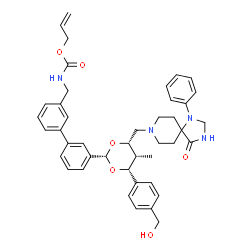 ChemSpider 2D Image | Allyl [(3'-{(2S,4R,5R,6S)-4-[4-(hydroxymethyl)phenyl]-5-methyl-6-[(4-oxo-1-phenyl-1,3,8-triazaspiro[4.5]dec-8-yl)methyl]-1,3-dioxan-2-yl}-3-biphenylyl)methyl]carbamate | C43H48N4O6