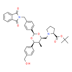 ChemSpider 2D Image | 2-Methyl-2-propanyl 1-({(2R,4R,5S,6S)-2-{4-[(1,3-dioxo-1,3-dihydro-2H-isoindol-2-yl)methyl]phenyl}-6-[4-(hydroxymethyl)phenyl]-5-methyl-1,3-dioxan-4-yl}methyl)-L-prolinate | C37H42N2O7