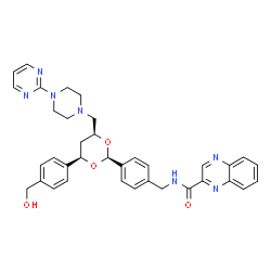 ChemSpider 2D Image | N-{4-[(2S,4R,6S)-4-[4-(Hydroxymethyl)phenyl]-6-{[4-(2-pyrimidinyl)-1-piperazinyl]methyl}-1,3-dioxan-2-yl]benzyl}-2-quinoxalinecarboxamide | C36H37N7O4