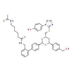 ChemSpider 2D Image | 6-Acetamido-N-({4'-[(2S,4R,6S)-4-[4-(hydroxymethyl)phenyl]-6-({[1-(4-hydroxyphenyl)-1H-tetrazol-5-yl]sulfanyl}methyl)-1,3-dioxan-2-yl]-2-biphenylyl}methyl)hexanamide | C40H44N6O6S