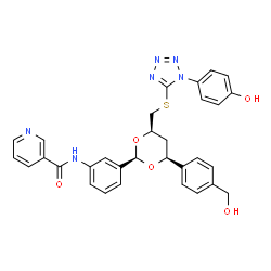 ChemSpider 2D Image | N-{3-[(2R,4S,6R)-4-[4-(Hydroxymethyl)phenyl]-6-({[1-(4-hydroxyphenyl)-1H-tetrazol-5-yl]sulfanyl}methyl)-1,3-dioxan-2-yl]phenyl}nicotinamide | C31H28N6O5S