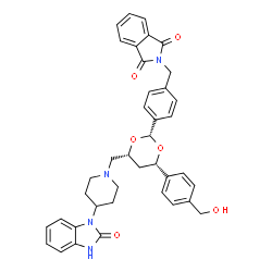 ChemSpider 2D Image | 2-{4-[(2R,4S,6R)-4-[4-(Hydroxymethyl)phenyl]-6-{[4-(2-oxo-2,3-dihydro-1H-benzimidazol-1-yl)-1-piperidinyl]methyl}-1,3-dioxan-2-yl]benzyl}-1H-isoindole-1,3(2H)-dione | C39H38N4O6