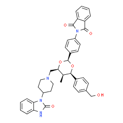 ChemSpider 2D Image | 2-{4-[(2S,4R,5R,6S)-4-[4-(Hydroxymethyl)phenyl]-5-methyl-6-{[4-(2-oxo-2,3-dihydro-1H-benzimidazol-1-yl)-1-piperidinyl]methyl}-1,3-dioxan-2-yl]phenyl}-1H-isoindole-1,3(2H)-dione | C39H38N4O6