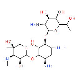 ChemSpider 2D Image | (2R,3S,4R,6S)-4,6-Diamino-3-({(5R)-2-amino-2-deoxy-5-[(1S)-1-hydroxyethyl]-alpha-D-xylopyranosyl}oxy)-2-hydroxycyclohexyl 3-deoxy-4-C-methyl-3-(methylamino)-L-arabinopyranoside | C20H40N4O10