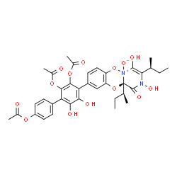 ChemSpider 2D Image | 4-{(11aR)-3,11a-Di[(2S)-2-butanyl]-2,4-dihydroxy-5-oxido-1-oxo-1,11a-dihydro-2H-pyrazino[1,2-b][1,4,2]benzodioxazin-9-yl}-5,6-dihydroxy-2,3,4'-biphenyltriyl triacetate | C36H38N2O14
