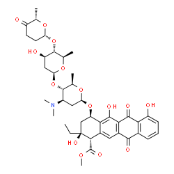 ChemSpider 2D Image | Methyl (1S,2S,4R)-2-ethyl-2,5,7-trihydroxy-6,11-dioxo-4-{[2,3,6-trideoxy-4-O-{2,6-dideoxy-4-O-[(2S,6S)-6-methyl-5-oxotetrahydro-2H-pyran-2-yl]-beta-D-arabino-hexopyranosyl}-3-(dimethylamino)-beta-D-ar
abino-hexopyranosyl]oxy}-1,2,3,4,6,11-hexahydro-1-tetracenecarboxylate | C42H53NO15