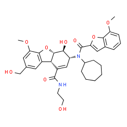 ChemSpider 2D Image | (3R,4S,4aS,9bS)-3-{Cycloheptyl[(7-methoxy-1-benzofuran-2-yl)carbonyl]amino}-4-hydroxy-N-(2-hydroxyethyl)-8-(hydroxymethyl)-6-methoxy-3,4,4a,9b-tetrahydrodibenzo[b,d]furan-1-carboxamide | C34H40N2O9