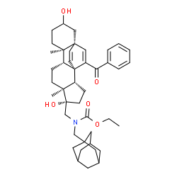 ChemSpider 2D Image | Ethyl (adamantan-1-ylmethyl){[(1R,2S,5S,6S,9R,10R,15R)-17-benzoyl-5,13-dihydroxy-6,10-dimethylpentacyclo[13.2.2.0~1,9~.0~2,6~.0~10,15~]nonadeca-16,18-dien-5-yl]methyl}carbamate | C43H57NO5