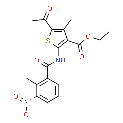 ChemSpider 2D Image | Ethyl 5-acetyl-4-methyl-2-[(2-methyl-3-nitrobenzoyl)amino]-3-thiophenecarboxylate | C18H18N2O6S