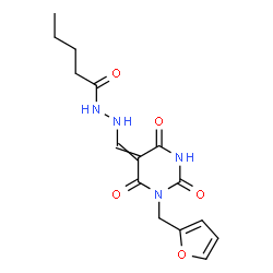 ChemSpider 2D Image | N'-{[1-(2-Furylmethyl)-2,4,6-trioxotetrahydro-5(2H)-pyrimidinylidene]methyl}pentanehydrazide | C15H18N4O5