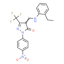 ChemSpider 2D Image | 4-{[(2-Ethylphenyl)amino]methylene}-2-(4-nitrophenyl)-5-(trifluoromethyl)-2,4-dihydro-3H-pyrazol-3-one | C19H15F3N4O3