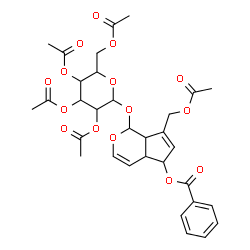ChemSpider 2D Image | 7-(Acetoxymethyl)-1-[(2,3,4,6-tetra-O-acetylhexopyranosyl)oxy]-1,4a,5,7a-tetrahydrocyclopenta[c]pyran-5-yl benzoate | C32H36O15