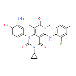 ChemSpider 2D Image | 1-(3-AMINO-4-HYDROXY-PHENYL)-3-CYCLOPROPYL-5-(2-FLUORO-4-IODO-ANILINO)-6,8-DIMETHYL-PYRIDO(4,3-D)PYRIMIDINE-2,4,7-TRIONE | C24H21FIN5O4