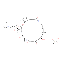 ChemSpider 2D Image | (6R,7S,10R,11R,12Z,17Z,19Z,21S)-6-{[2-(Diethylamino)ethyl]sulfonyl}-21-hydroxy-10-isopropyl-11,19-dimethyl-9,26-dioxa-3,15,28-triazatricyclo[23.2.1.0~3,7~]octacosa-1(27),12,17,19,25(28)-pentaene-2,8,1
4,23-tetrone methanesulfonate (1:1) | C35H54N4O12S2