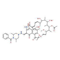 ChemSpider 2D Image | 26-{[(4-Benzoyl-3,5-dimethyl-1-piperazinyl)amino]methylene}-2,15,17,29-tetrahydroxy-11-methoxy-3,7,12,14,16,18,22-heptamethyl-6,23,27-trioxo-8,30-dioxa-24-azatetracyclo[23.3.1.1~4,7~.0~5,28~]triaconta
-1(28),2,4,9,19,21,25(29)-heptaen-13-yl acetate | C51H64N4O13