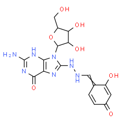 ChemSpider 2D Image | 2-Amino-8-{2-[(2-hydroxy-4-oxo-2,5-cyclohexadien-1-ylidene)methyl]hydrazino}-9-pentofuranosyl-3,9-dihydro-6H-purin-6-one | C17H19N7O7