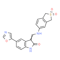 ChemSpider 2D Image | 3-{[(2,2-Dioxido-1,3-dihydro-2-benzothiophen-5-yl)amino]methylene}-5-(1,3-oxazol-5-yl)-1,3-dihydro-2H-indol-2-one | C20H15N3O4S