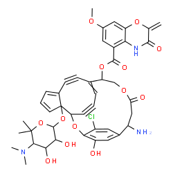 ChemSpider 2D Image | 7-Amino-4-chloro-20-{[5-(dimethylamino)-3,4-dihydroxy-6,6-dimethyltetrahydro-2H-pyran-2-yl]oxy}-25-hydroxy-9-oxo-2,10-dioxatetracyclo[11.7.3.2~3,6~.0~16,20~]pentacosa-3,5,13(23),16,18,24-hexaene-14,21
-diyn-12-yl 7-methoxy-2-methylene-3-oxo-3,4-dihydro-2H-1,4-benzoxazine-5-carboxylate | C43H42ClN3O13