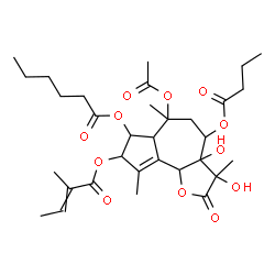 ChemSpider 2D Image | 6-Acetoxy-4-(butyryloxy)-3,3a-dihydroxy-3,6,9-trimethyl-8-[(2-methyl-2-butenoyl)oxy]-2-oxo-2,3,3a,4,5,6,6a,7,8,9b-decahydroazuleno[4,5-b]furan-7-yl hexanoate | C32H46O12