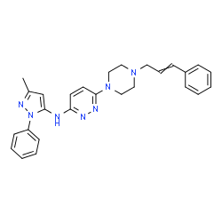 ChemSpider 2D Image | 6-(4-Cinnamyl-1-piperazinyl)-N-(3-methyl-1-phenyl-1H-pyrazol-5-yl)-3-pyridazinamine | C27H29N7