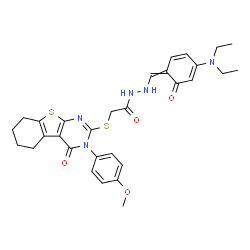 ChemSpider 2D Image | N'-{[4-(Diethylamino)-6-oxo-2,4-cyclohexadien-1-ylidene]methyl}-2-{[3-(4-methoxyphenyl)-4-oxo-3,4,5,6,7,8-hexahydro[1]benzothieno[2,3-d]pyrimidin-2-yl]sulfanyl}acetohydrazide | C30H33N5O4S2