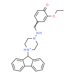 ChemSpider 2D Image | 4-{[(3-Ethoxy-4-oxo-2,5-cyclohexadien-1-ylidene)methyl]amino}-1-(9H-fluoren-9-yl)piperazin-1-ium | C26H28N3O2