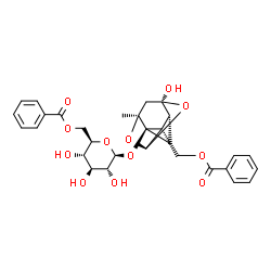 ChemSpider 2D Image | {(1S,2S,3R,5R,6R,8S)-3-[(6-O-Benzoyl-beta-D-glucopyranosyl)oxy]-6-hydroxy-8-methyl-9,10-dioxatetracyclo[4.3.1.0~2,5~.0~3,8~]dec-2-yl}methyl benzoate | C30H32O12
