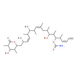 ChemSpider 2D Image | (3Z,11Z,16Z)-8,14,18-Trihydroxy-19-(4-hydroxy-3,5-dimethyl-6-oxotetrahydro-2H-pyran-2-yl)-5,7,9,11,13,15-hexamethyl-1,3,11,16-nonadecatetraen-6-yl carbamate (non-preferred name) | C33H55NO8