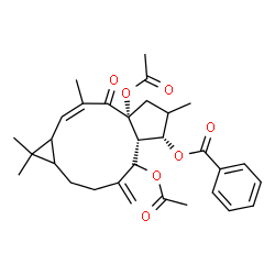 ChemSpider 2D Image | (2Z,4aR,7S,7aR)-4a,8-Diacetoxy-1,1,3,6-tetramethyl-9-methylene-4-oxo-1a,4,4a,5,6,7,7a,8,9,10,11,11a-dodecahydro-1H-cyclopenta[a]cyclopropa[f][11]annulen-7-yl benzoate | C31H38O7