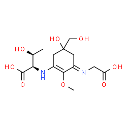 ChemSpider 2D Image | N-[(3E)-3-[(Carboxymethyl)imino]-5-hydroxy-5-(hydroxymethyl)-2-methoxy-1-cyclohexen-1-yl]-D-threonine | C14H22N2O8