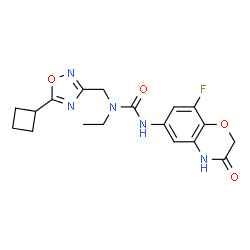 ChemSpider 2D Image | 1-[(5-Cyclobutyl-1,2,4-oxadiazol-3-yl)methyl]-1-ethyl-3-(8-fluoro-3-oxo-3,4-dihydro-2H-1,4-benzoxazin-6-yl)urea | C18H20FN5O4