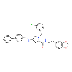 ChemSpider 2D Image | (4R)-N-[2-(1,3-Benzodioxol-5-yl)ethyl]-4-[(4-biphenylylmethyl)amino]-1-(3-chlorobenzyl)-L-prolinamide | C34H34ClN3O3