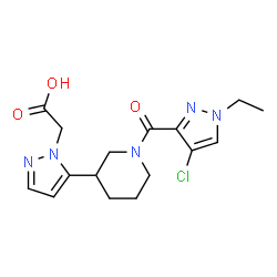 ChemSpider 2D Image | (5-{1-[(4-Chloro-1-ethyl-1H-pyrazol-3-yl)carbonyl]-3-piperidinyl}-1H-pyrazol-1-yl)acetic acid | C16H20ClN5O3