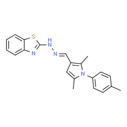 ChemSpider 2D Image | 2-[(2E)-2-{[2,5-Dimethyl-1-(4-methylphenyl)-1H-pyrrol-3-yl]methylene}hydrazino]-1,3-benzothiazole | C21H20N4S