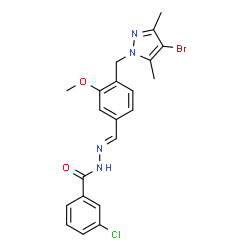 ChemSpider 2D Image | N'-[(E)-{4-[(4-Bromo-3,5-dimethyl-1H-pyrazol-1-yl)methyl]-3-methoxyphenyl}methylene]-3-chlorobenzohydrazide | C21H20BrClN4O2