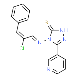 ChemSpider 2D Image | 4-{(E)-[(2E)-2-Chloro-3-phenyl-2-propen-1-ylidene]amino}-5-(3-pyridinyl)-2,4-dihydro-3H-1,2,4-triazole-3-thione | C16H12ClN5S
