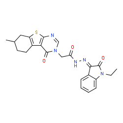 ChemSpider 2D Image | N'-[(3E)-1-Ethyl-2-oxo-1,2-dihydro-3H-indol-3-ylidene]-2-(7-methyl-4-oxo-5,6,7,8-tetrahydro[1]benzothieno[2,3-d]pyrimidin-3(4H)-yl)acetohydrazide | C23H23N5O3S