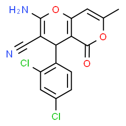 ChemSpider 2D Image | 2-amino-4-(2,4-dichlorophenyl)-7-methyl-5-oxo-4H-pyrano[3,2-c]pyran-3-carbonitrile | C16H10Cl2N2O3