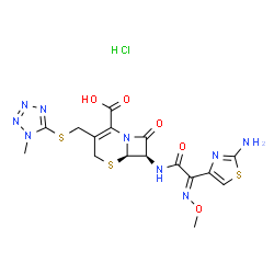 ChemSpider 2D Image | (6R,7R)-7-{[(2E)-2-(2-Amino-1,3-thiazol-4-yl)-2-(methoxyimino)acetyl]amino}-3-{[(1-methyl-1H-tetrazol-5-yl)sulfanyl]methyl}-8-oxo-5-thia-1-azabicyclo[4.2.0]oct-2-ene-2-carboxylic acid hydrochloride (1
:1) | C16H18ClN9O5S3