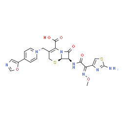 ChemSpider 2D Image | 1-{[(6R,7R)-7-{[(2E)-2-(2-Amino-1,3-thiazol-4-yl)-2-(methoxyimino)acetyl]amino}-2-carboxy-8-oxo-5-thia-1-azabicyclo[4.2.0]oct-2-en-3-yl]methyl}-4-(1,3-oxazol-5-yl)pyridinium | C22H20N7O6S2