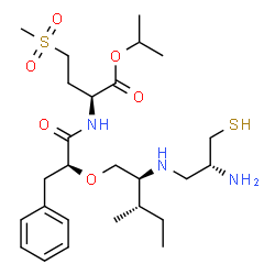 ChemSpider 2D Image | Isopropyl (2S)-2-{[(2S)-2-{[(2S,3S)-2-{[(2R)-2-amino-3-sulfanylpropyl]amino}-3-methylpentyl]oxy}-3-phenylpropanoyl]amino}-4-(methylsulfonyl)butanoate | C26H45N3O6S2
