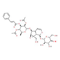ChemSpider 2D Image | (1aS,1bS,2S,5aR,6S,6aS)-6-({2,4-Di-O-acetyl-6-deoxy-3-O-[(2E)-3-phenyl-2-propenoyl]-alpha-L-mannopyranosyl}oxy)-1a-(hydroxymethyl)-1a,1b,2,5a,6,6a-hexahydrooxireno[4,5]cyclopenta[1,2-c]pyran-2-yl beta
-D-glucopyranoside | C34H42O17