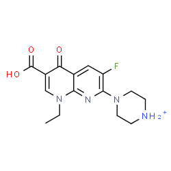 ChemSpider 2D Image | 4-(6-Carboxy-8-ethyl-3-fluoro-5-oxo-5,8-dihydro-1,8-naphthyridin-2-yl)piperazin-1-ium | C15H18FN4O3