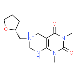 ChemSpider 2D Image | 6,8-Dimethyl-5,7-dioxo-3-[(2R)-tetrahydro-2-furanylmethyl]-1,2,3,4,5,6,7,8-octahydropyrimido[4,5-d]pyrimidin-3-ium | C13H21N4O3