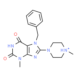 ChemSpider 2D Image | 4-(7-Benzyl-3-methyl-2,6-dioxo-2,3,6,7-tetrahydro-1H-purin-8-yl)-1-methylpiperazin-1-ium | C18H23N6O2