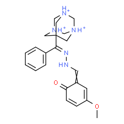ChemSpider 2D Image | 7-[(E)-{[(3-Methoxy-6-oxo-2,4-cyclohexadien-1-ylidene)methyl]hydrazono}(phenyl)methyl]-1,3,5-triazoniatricyclo[3.3.1.1~3,7~]decane | C22H28N5O2