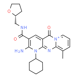 ChemSpider 2D Image | 2-Amino-1-cyclohexyl-10-methyl-5-oxo-3-{[(2R)-tetrahydro-2-furanylmethyl]carbamoyl}-1,5-dihydrodipyrido[1,2-a:2',3'-d]pyrimidin-6-ium | C24H30N5O3