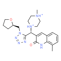 ChemSpider 2D Image | 1-Methyl-4-[(S)-(8-methyl-2-oxo-1,2-dihydro-3-quinolinyl){1-[(2R)-tetrahydro-2-furanylmethyl]-1H-tetrazol-5-yl}methyl]piperazinediium | C22H31N7O2