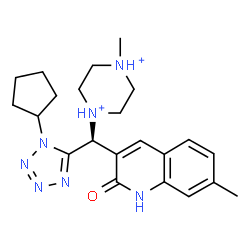 ChemSpider 2D Image | 1-[(R)-(1-Cyclopentyl-1H-tetrazol-5-yl)(7-methyl-2-oxo-1,2-dihydro-3-quinolinyl)methyl]-4-methylpiperazinediium | C22H31N7O